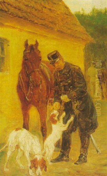Exterior Med Heste, Hunde Og Personer. Antagelig Kong Chr. Ix, Der Vender Hjem Efter En Ridetur - view 1