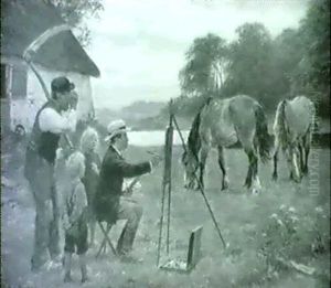 Kunstneren Ved Staffeliet, En Bondefamilie Beundrer Resultatet by Otto Bache