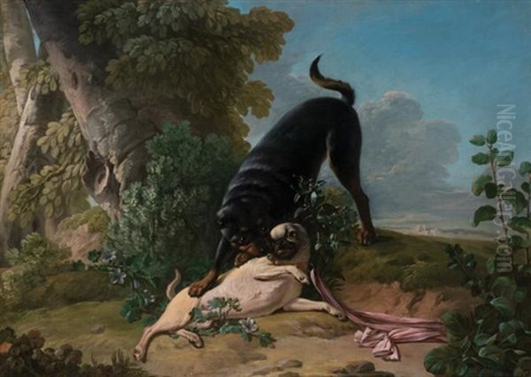 Two Pugs At Play - view 1