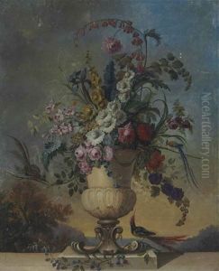 Roses, Irises, Morning Glory, Fox Glove And Other Flowers In A Sculpted Urn, On A Ledge, With Birds, In A Landscape