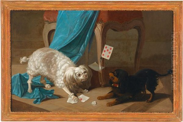 Zwei Hunde Raufen Unter Einem Tabouret Um Spielkarten - view 1