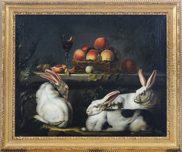 Three White Rabbits By A Ledge With Peaches In A Basket - view 1