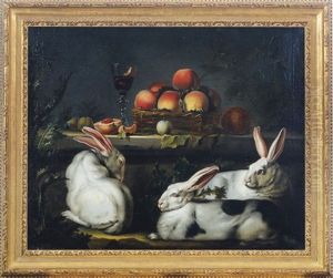 Three White Rabbits By A Ledge With Peaches In A Basket