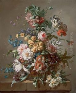 Bouquet De Fleurs Dans Une Corbeille Sur Un Entablement