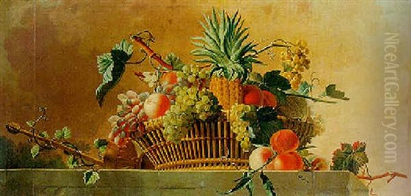 Still Life Of A Basket Of Fruit Resting On A Stone Ledge - view 1
