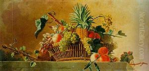 Still Life Of A Basket Of Fruit Resting On A Stone Ledge