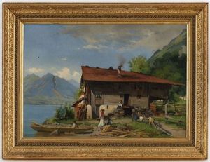 Elegantes En Promenade Au Bord Du Lac by Auguste Bachelin