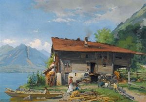 Sonniges Seeufer Mit Bauernhaus Und Staffage