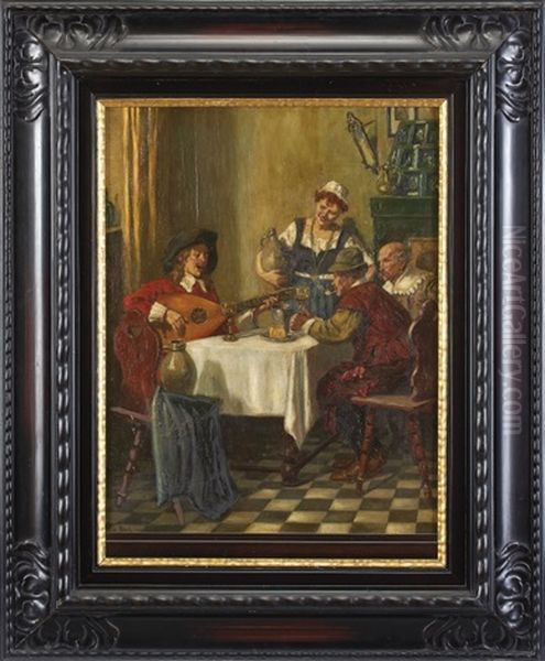 Frohliche Runde Mit Mandolinenspieler In Einer Gaststube - view 1
