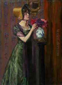 Junge Frau Im Interieur Mit Einem Blumenstraus by Gottfried Albert Maria Bachem
