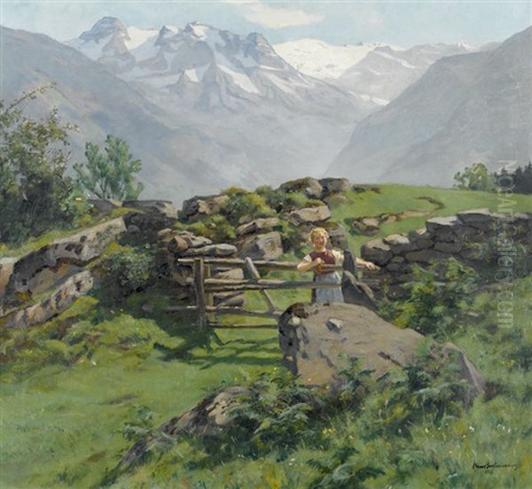 Junge Bauerin Am Alpweg Mit Blick Auf Den Hohen Dachstein - view 1
