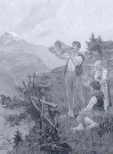 Sennenfamilie Beim Abendlichen Alpsegen