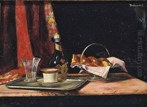 Bread In A Silver Basket, A Wine Bottle And A Glass And Tea Cup On A Silver Tray, On A Table by Karoly (Karl) Bachmann
