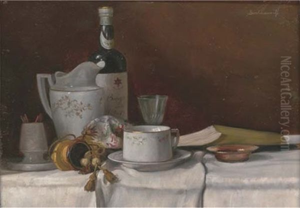 A Cup, Saucer, Bottle, Jug And Glass With A Book To The Side - view 1