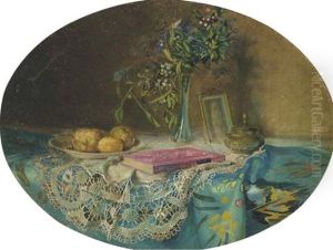 Flowers, A Pink Book And Fruit On A Table Flowers, A Pink Book And Fruit On A Table