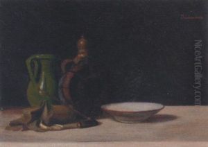 An Ewer, A Jug, A Bowl, A Pipe And A Bag On A Ledge by Karoly (Karl) Bachmann