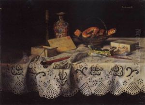 Stilleben Mit Schreibutensilien, Zigarettenschachtel Und Henkelkorb by Karoly (Karl) Bachmann