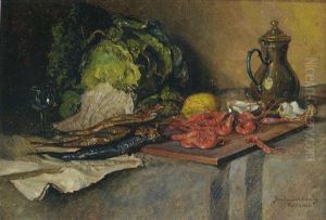 Prawns, A Wedge Of Brie, Fish, A Cabbage, A Lemon, Oysters, A Glass And A Coffee Pot On A Table by Karoly (Karl) Bachmann