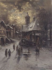 Verschneites Mittelalterliches Stadtchen. Kirchganger Auf Dem Weg Zur Christmette