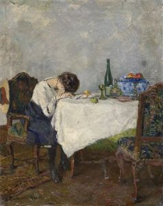 Nach Dem Mahl: Junge Frau Am Esstisch Eingenickt by Emmanuel Bachrach-Baree