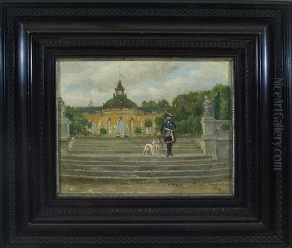Friedrich Ii. Auf Der Treppe Des Parkes Von Schloss Sanssouci Mit Zwei Windhunden - view 1