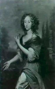 Portrait Of An Elegant Lady, Standing, Three Quarter Length Wearing A Red Silk Dress, White Chemise And Brown Wrap by Adriaen Backer