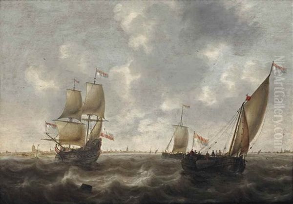 A Dutch Man-of-war And Other Shipping In Choppy Waters, A Town Beyond - view 1