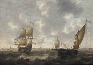 A Dutch Man-of-war And Other Shipping In Choppy Waters, A Town Beyond by Jacob Adriaensz de Backer