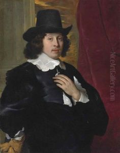 Portrait Of A Gentleman, In A Black Coat With A White Collar And Cuffs, Wearing A Black Hat, A Glove In His Right Hand, Before A Column And A Red Curtain by Jacob Adriaensz de Backer