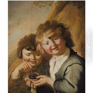 A Portrait Of Two Young Boys Holding A Bird's Nest by Jacob Adriaensz de Backer