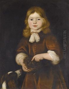 Portrait Of A Young Boy, Half Length, Wearing Red And Holding A Bird's Nest, Together With A Spaniel