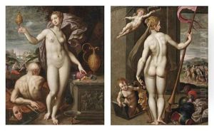 Juno Holding A Golden Vessel And A Moneybag (+ Minerva Holding A Lance While Being Crowned With Laurels By A Putto; Pair)