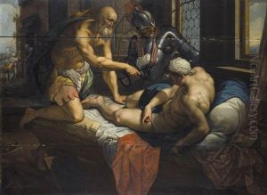A Young Man On His Bed Being Shown A Pair Of Mannacles By An Older Man, (st. Leonard?)