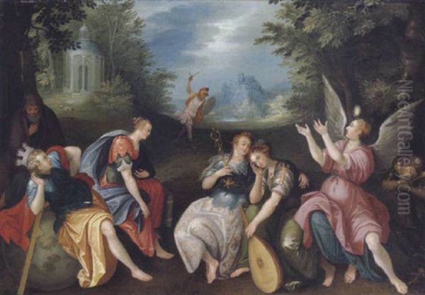 Allegorie, In Einer Mystischen Waldlandschaft Mit Einer Burg Auf Einer Fernen Anhohe Allegorische Weibliche Figuren Mit Einer Stadtgottin Und Mars - view 1