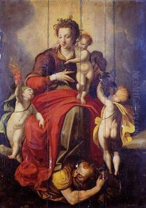 La Vierge Et L'enfant Jesus Avec L'allegorie De L'amour Divin Et L'allegorie De La Passion Du Christ Dominant L'allegorie Du Vice by Jacob De Backer
