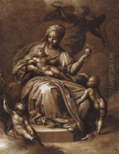 Vierge Et L'enfant Entoures De Jean-baptiste Enfant Et Deux Autres Putti by Jacob De Backer