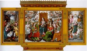 The Madonna And Child Enthroned With Saint Catherine, Saint Agnes, Saint Cecilia With The Magdalene And Angels by Jacob De Backer