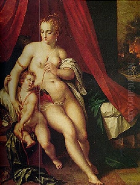 Venus And Cupid With Aeneas Fleeing The Burning Troy Beyond - view 1