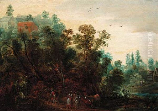 A Wooded Landscpe With Travellers On A Path - view 1