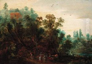 A Wooded Landscpe With Travellers On A Path