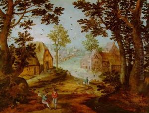 Sicht Auf Eine Dorfstrasse Mit Fussgangern Und Reitern