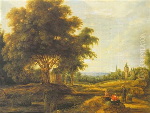 Travellers In A Mountainous Landscape With A Village Beyond - view 1