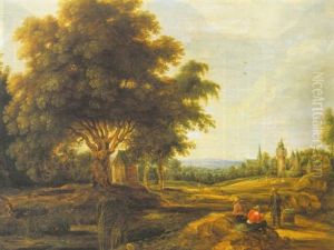 Travellers In A Mountainous Landscape With A Village Beyond by Jacques Backereel