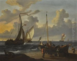A Fishing Pink Being Made Ready To Be Launched From A Beach In A Breeze, With Small Dutch Vessels Inshore by Ludolf Backhuysen the Elder