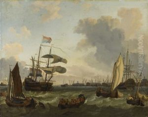 Dutch Men O'war And Smaller Craft At A Port Near Amsterdam by Ludolf Backhuysen the Elder