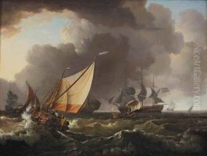 A Seascape With Various Sailing Boats On Stormy Waters by Ludolf Backhuysen the Elder
