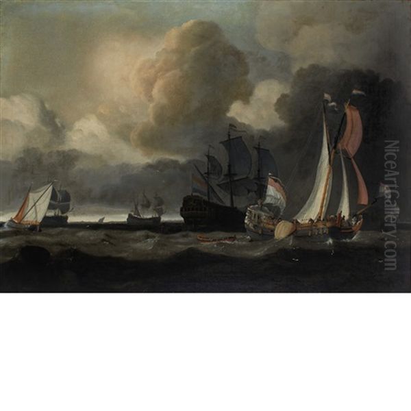Ships Under Cloudy Skies Off A Coast - view 1
