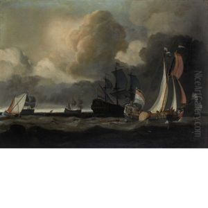 Ships Under Cloudy Skies Off A Coast by Ludolf Backhuysen the Elder