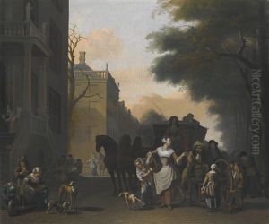 An Amsterdam Street Scene, With A Maid Flirting With A Knife Grinder On A Canal