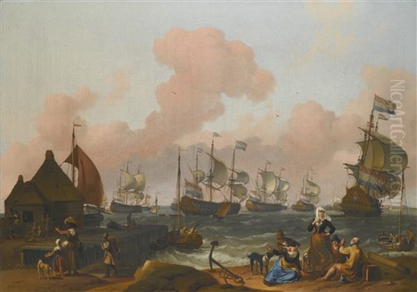 A Coastal Landscape With Many Figures On The Shore By A Quay, With Several Two-deckers In A Stiff Breeze Beyond - view 1